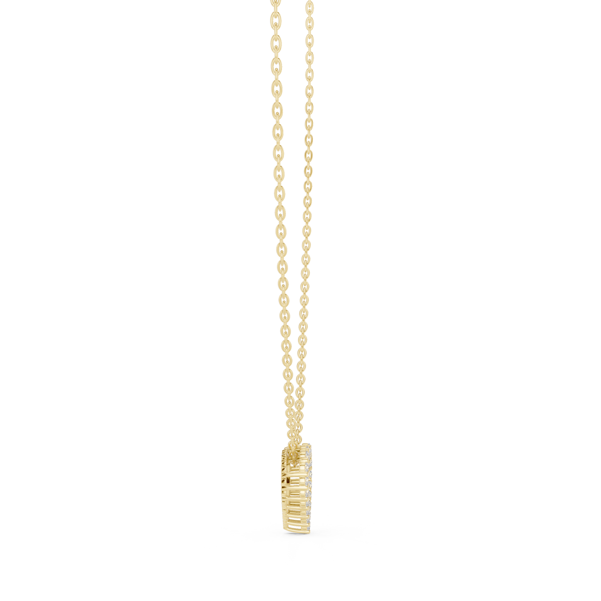Angled CAD view of the heart diamond necklace highlighting exceptional D color, VVS1 clarity, brilliant sparkle, moissanite or lab grown diamond options, and 925 sterling silver or solid gold metal variations.