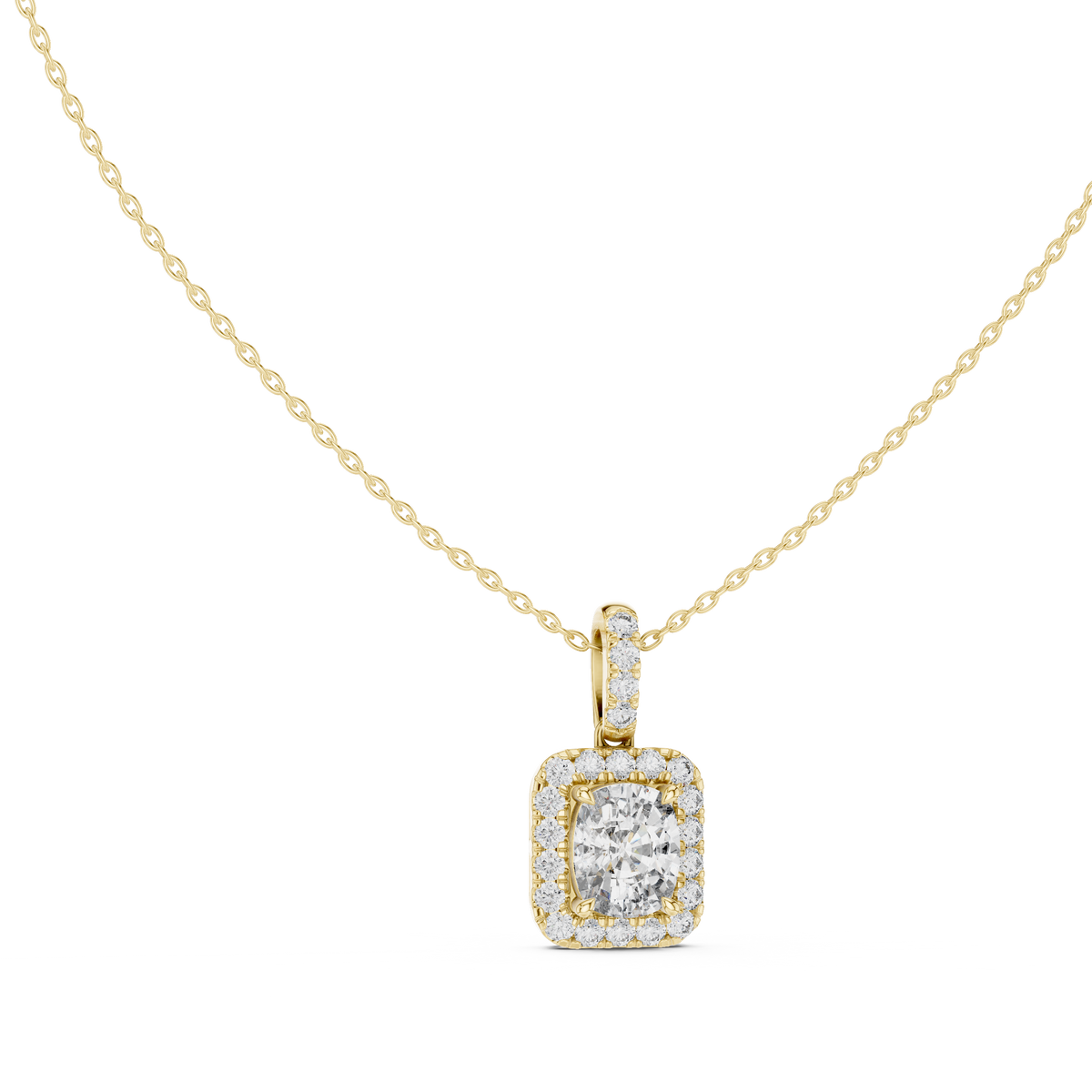 Front and side profile CAD views of a sleek solitaire pendant featuring a central 7.50x7.50mm princess cut lab-grown diamond or moissanite in a secure collet setting with variations in 925 sterling silver, 10k/14k solid gold, or platinum.