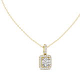 Front and side profile CAD views of a sleek solitaire pendant featuring a central 7.50x7.50mm princess cut lab-grown diamond or moissanite in a secure collet setting with variations in 925 sterling silver, 10k/14k solid gold, or platinum.
