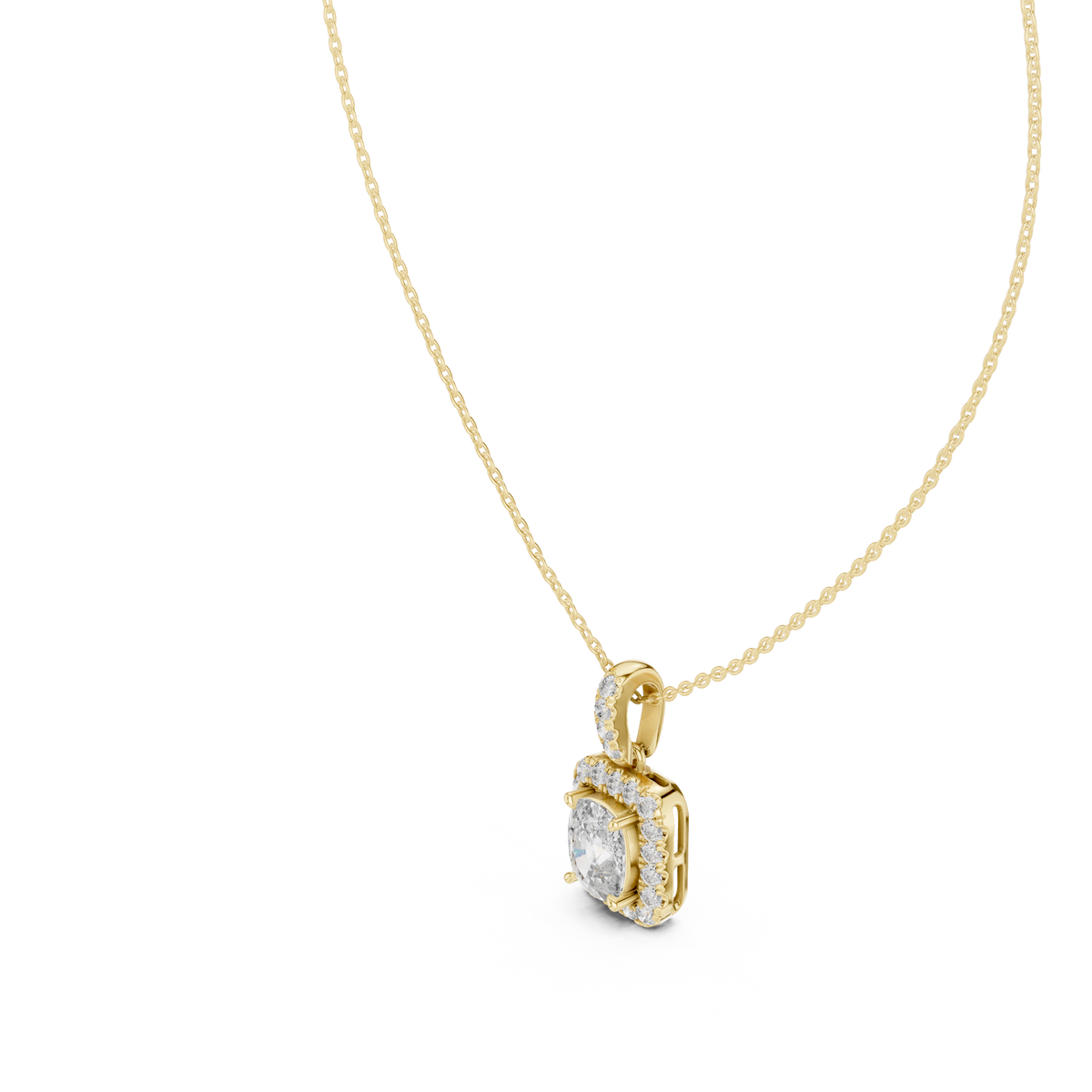 Side profile CAD view showing the precise 7.64mm profile height and collet setting depth for a custom princess solitaire pendant, available in 10k solid gold, 14k gold, 925 sterling silver, or platinum.