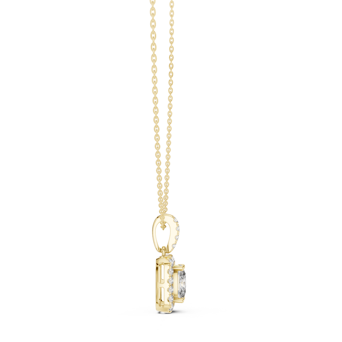 Angled CAD view of the princess cut solitaire necklace highlighting exceptional D color, VVS1 clarity, brilliant sparkle, moissanite or lab grown diamond options, and 925 sterling silver or solid gold metal variations.