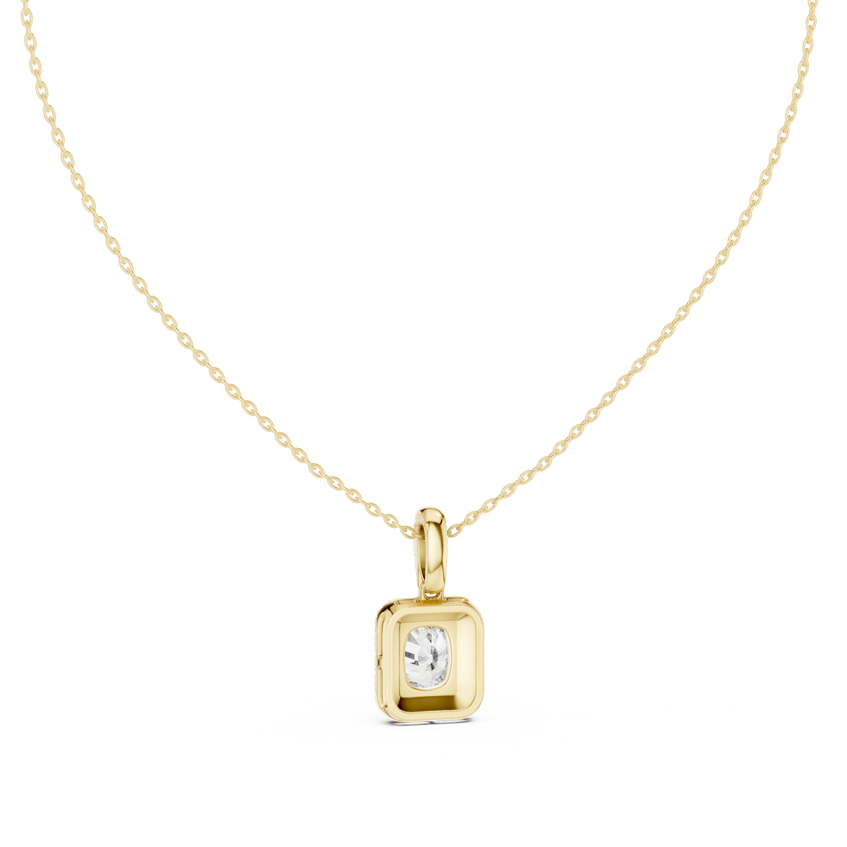 Top close-up CAD view displaying D color, VS clarity, stone symmetry, precision facets, and collet setting details for a custom princess pendant available in platinum, 14k gold, 10k gold, or 925 silver.