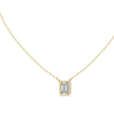 Front view of an 8x6mm emerald cut lab diamond solitaire set in a smooth bezel rim in 14k gold, displaying symmetrical step facets and high luster. A classic engagement ring companion, custom made with options in 10k/14k solid gold, 925 silver, or platinum, featuring personalized 1ct to 2ct lab grown diamond or moissanite center stones.