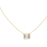 Front and side profile CAD views of a sleek emerald-cut solitaire pendant featuring a central 9.00x7.00mm emerald cut lab-grown diamond or moissanite in a secure bezel setting with variations in 925 sterling silver, 10k/14k solid gold, or platinum.