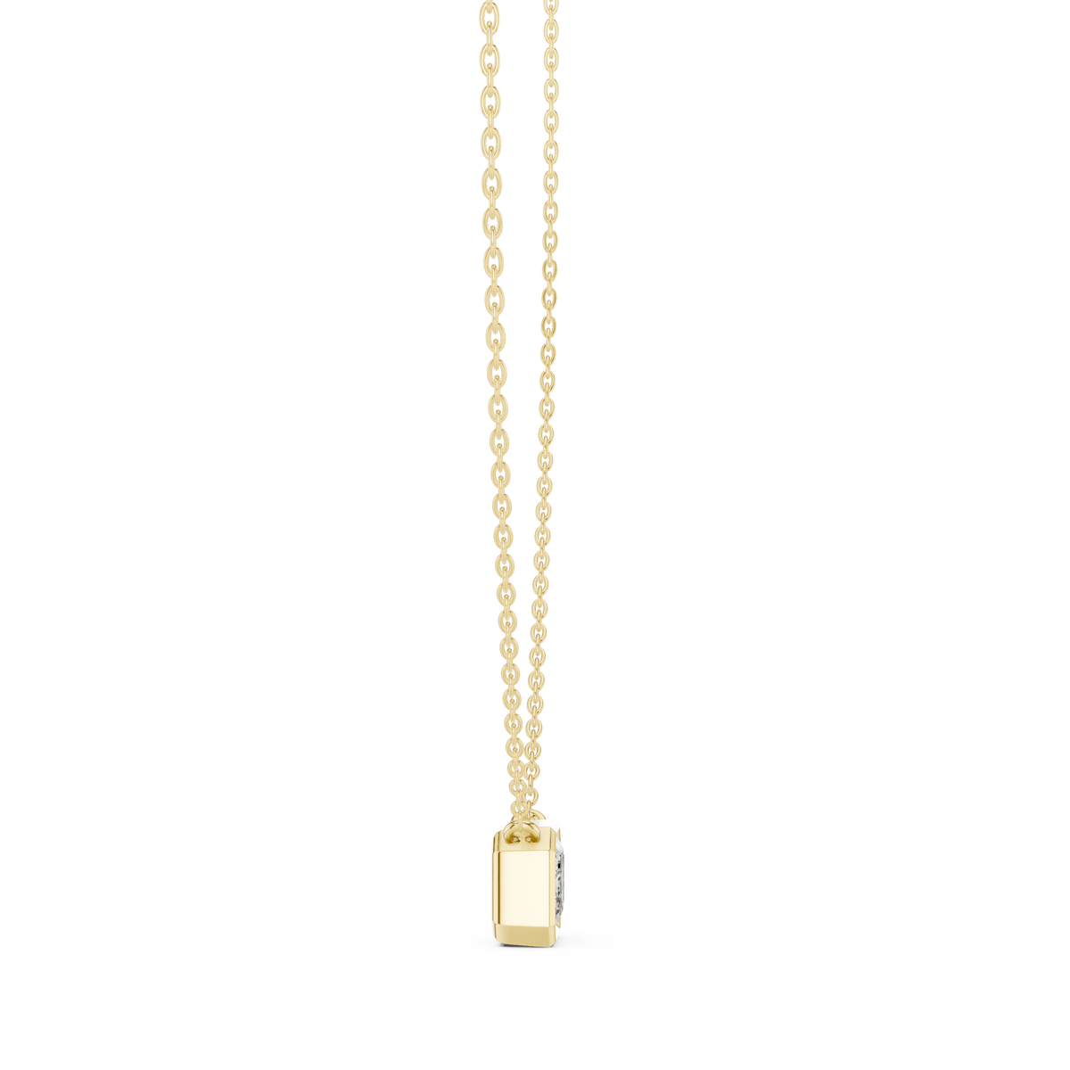 Angled CAD view of the emerald cut solitaire necklace highlighting exceptional D color, VVS1 clarity, brilliant sparkle, moissanite or lab grown diamond options, and 925 sterling silver or solid gold metal variations.