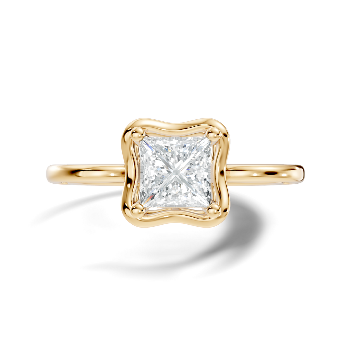 Front view of a geometric princess cut lab grown diamond solitaire ring featuring a scalloped frame setting in 14k white gold. This engagement ring and anniversary gift option is customizable in 10k/14k gold, 925 silver, or platinum with lab grown diamond or moissanite stones from 1ct to 2ct.