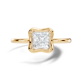 Front view of a geometric princess cut lab grown diamond solitaire ring featuring a scalloped frame setting in 14k white gold. This engagement ring and anniversary gift option is customizable in 10k/14k gold, 925 silver, or platinum with lab grown diamond or moissanite stones from 1ct to 2ct.