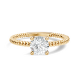 Front direct view of 0.50ct round brilliant lab diamond secured by four prongs on a 14k yellow gold twisted rope cable band. Ideal dainty engagement ring and personalized gift. Made to order in 925 silver, 10k or 14k solid gold, platinum, with custom 1ct to 2ct round lab diamond or moissanite center stones.