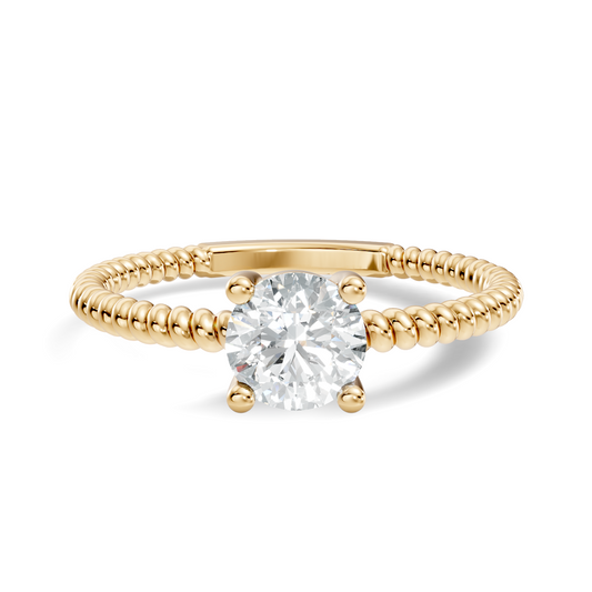 Front direct view of 0.50ct round brilliant lab diamond secured by four prongs on a 14k yellow gold twisted rope cable band. Ideal dainty engagement ring and personalized gift. Made to order in 925 silver, 10k or 14k solid gold, platinum, with custom 1ct to 2ct round lab diamond or moissanite center stones.