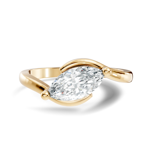 Front direct view of 0.54ct diagonal marquise lab grown diamond secured by two protective tip prongs on a 14k yellow gold bypass swirl band. Ideal modern engagement ring and personalized gift. Made to order in 925 silver, 10k or 14k solid gold, platinum, with custom 1ct to 2ct marquise lab diamond or moissanite center stones.