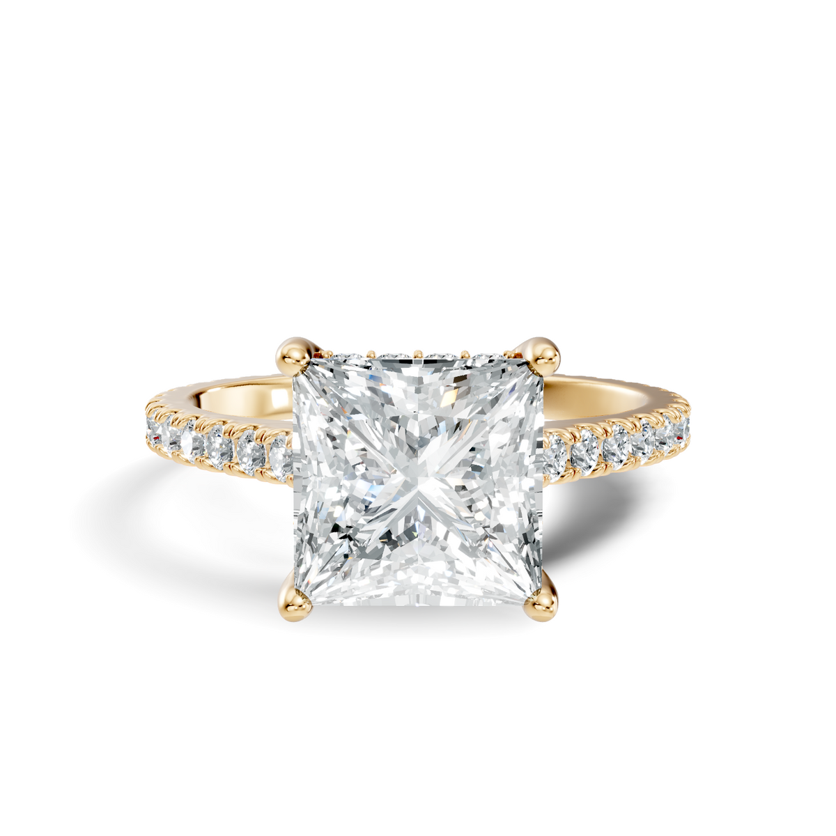 Front view showcasing a square princess cut stone set on a micro pave band crafted in 14k gold. Custom made in 925 silver, 10k gold, or platinum choices. Timeless engagement ring or anniversary gift featuring customizable 1ct to 2ct moissanite or lab grown diamond centers.