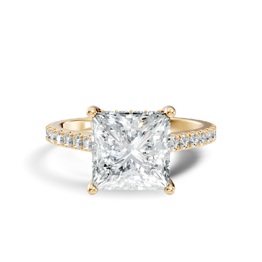 Front view showcasing a square princess cut stone set on a micro pave band crafted in 14k gold. Custom made in 925 silver, 10k gold, or platinum choices. Timeless engagement ring or anniversary gift featuring customizable 1ct to 2ct moissanite or lab grown diamond centers.