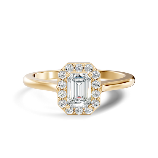 Front direct view of emerald cut lab diamond secured by four corner prongs inside an octagonal halo on a 14k yellow gold plain band. Ideal luxury engagement ring and personalized gift. Made to order in 925 silver, 10k or 14k solid gold, platinum, with custom 1ct to 2ct lab diamond or moissanite center stones.
