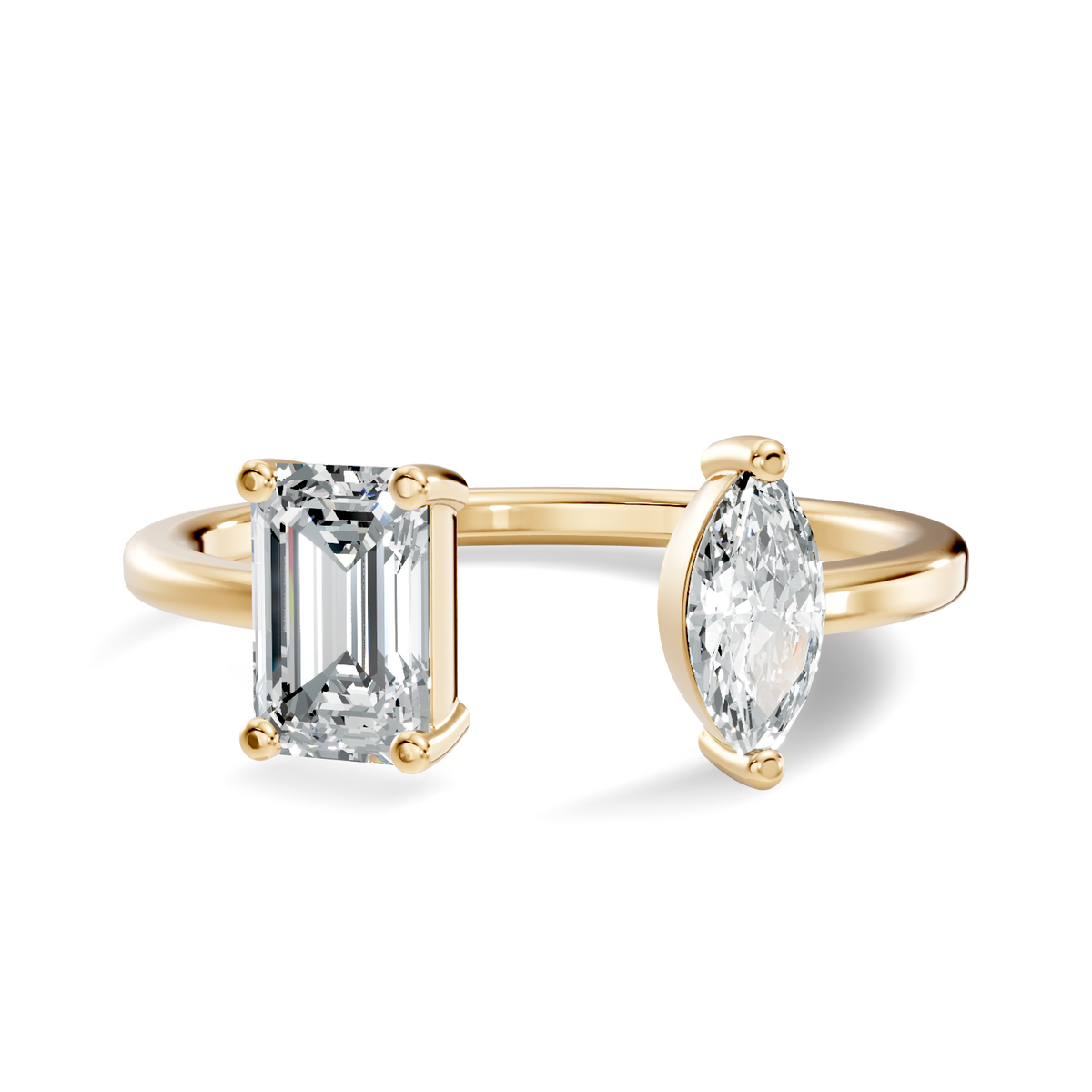 Top-down view of open bypass ring showcasing emerald cut stone facing marquise cut stone on slim band. High-volume engagement ring, anniversary gift, wedding band. Custom options in 10k/14k gold, 925 silver, platinum with 1ct to 2ct moissanite or lab grown diamond.