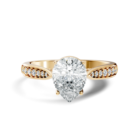 Front angle of a pear cut moissanite center stone secured with four claw prongs and accented by pave shoulders in 14k gold. A personalized engagement ring available in 10k/14k gold, 925 silver, or platinum with 1ct to 2ct moissanite or lab grown diamond.