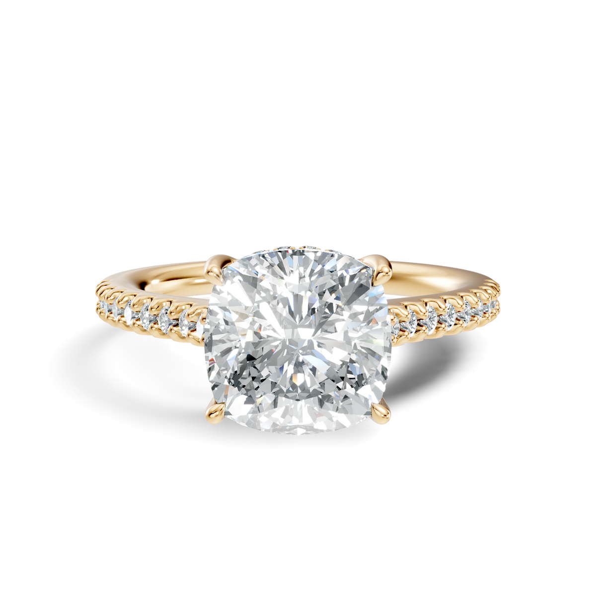 Front view showcasing a square cushion cut engagement ring with a pave band crafted in 14k gold. Custom made in 925 silver, 10k gold, or platinum options. Luxurious wedding ring or anniversary gift featuring customizable moissanite and lab grown diamond centers.