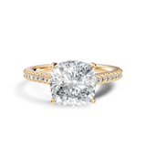 Front view showcasing a square cushion cut engagement ring with a pave band crafted in 14k gold. Custom made in 925 silver, 10k gold, or platinum options. Luxurious wedding ring or anniversary gift featuring customizable moissanite and lab grown diamond centers.