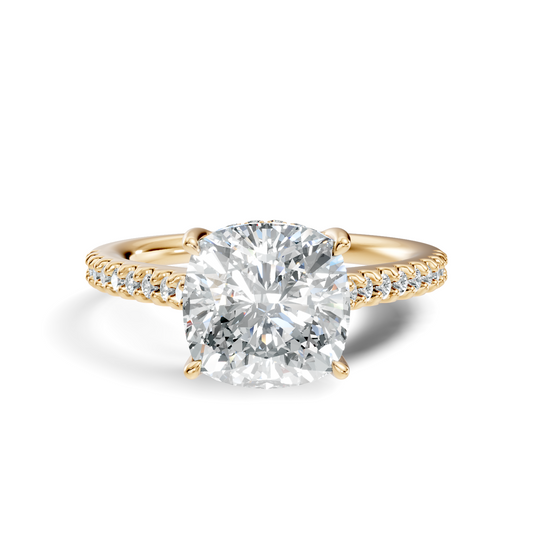 Front view showcasing a square cushion cut engagement ring with a pave band crafted in 14k gold. Custom made in 925 silver, 10k gold, or platinum options. Luxurious wedding ring or anniversary gift featuring customizable moissanite and lab grown diamond centers.