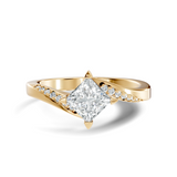 Front direct view of kite-set princess cut lab diamond secured by chevron corner prongs on a 14k rose gold bypass pave swirl band. Ideal modern engagement ring and personalized gift. Made to order in 925 silver, 10k or 14k solid gold, platinum, with custom 1ct to 2ct lab diamond or moissanite center stones.