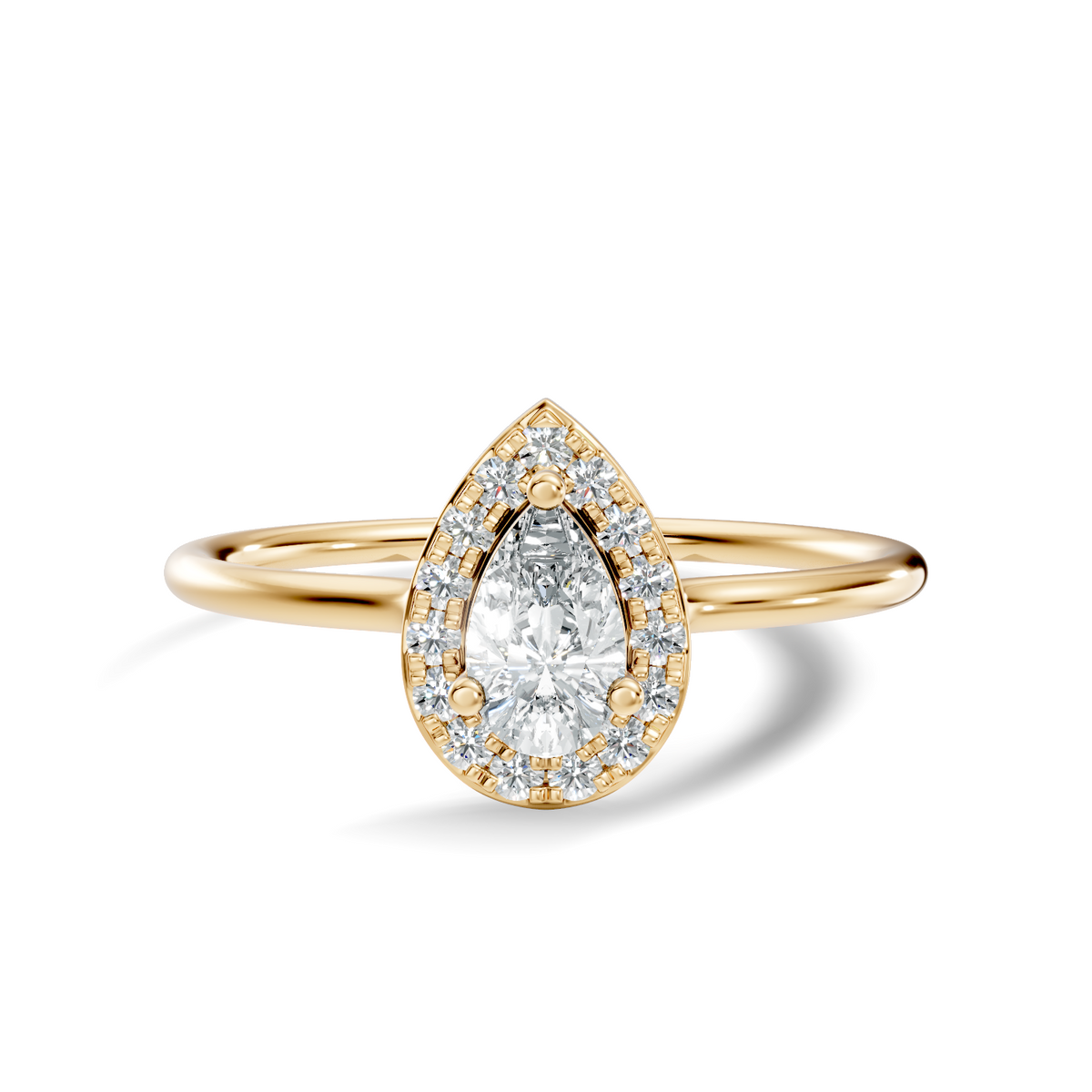Front direct view of pear cut lab diamond secured by three prongs with a V-tip inside a micropave halo on a 14k yellow gold 1.1mm skinny band. Ideal dainty engagement ring and personalized gift. Made to order in 925 silver, 10k or 14k solid gold, platinum, with custom 1ct to 2ct lab diamond or moissanite center stones.   