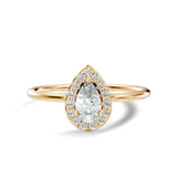 Front direct view of pear cut lab diamond secured by three prongs with a V-tip inside a micropave halo on a 14k yellow gold 1.1mm skinny band. Ideal dainty engagement ring and personalized gift. Made to order in 925 silver, 10k or 14k solid gold, platinum, with custom 1ct to 2ct lab diamond or moissanite center stones.   