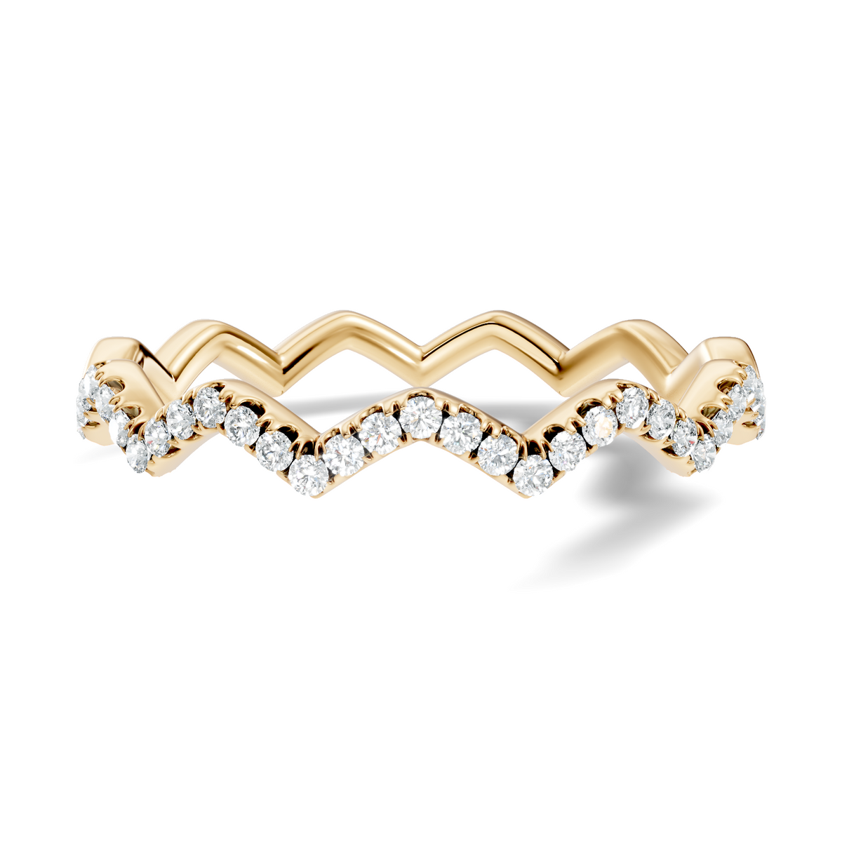 Front view showcasing a geometric chevron zigzag wedding band with micro-pave round brilliant lab grown diamonds set in 14k gold. Custom made in 925 silver, 10k gold, or platinum options. Ideal contour curved stackable ring or anniversary gift featuring personalized 1ct to 2ct moissanite or lab diamond engagement ring pairing.