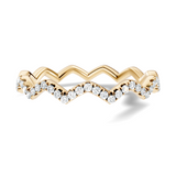 Front view showcasing a geometric chevron zigzag wedding band with micro-pave round brilliant lab grown diamonds set in 14k gold. Custom made in 925 silver, 10k gold, or platinum options. Ideal contour curved stackable ring or anniversary gift featuring personalized 1ct to 2ct moissanite or lab diamond engagement ring pairing.