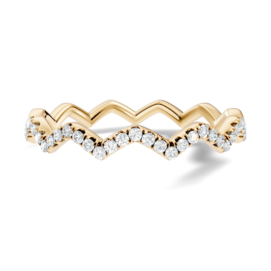 Front view showcasing a geometric chevron zigzag wedding band with micro-pave round brilliant lab grown diamonds set in 14k gold. Custom made in 925 silver, 10k gold, or platinum options. Ideal contour curved stackable ring or anniversary gift featuring personalized 1ct to 2ct moissanite or lab diamond engagement ring pairing.
