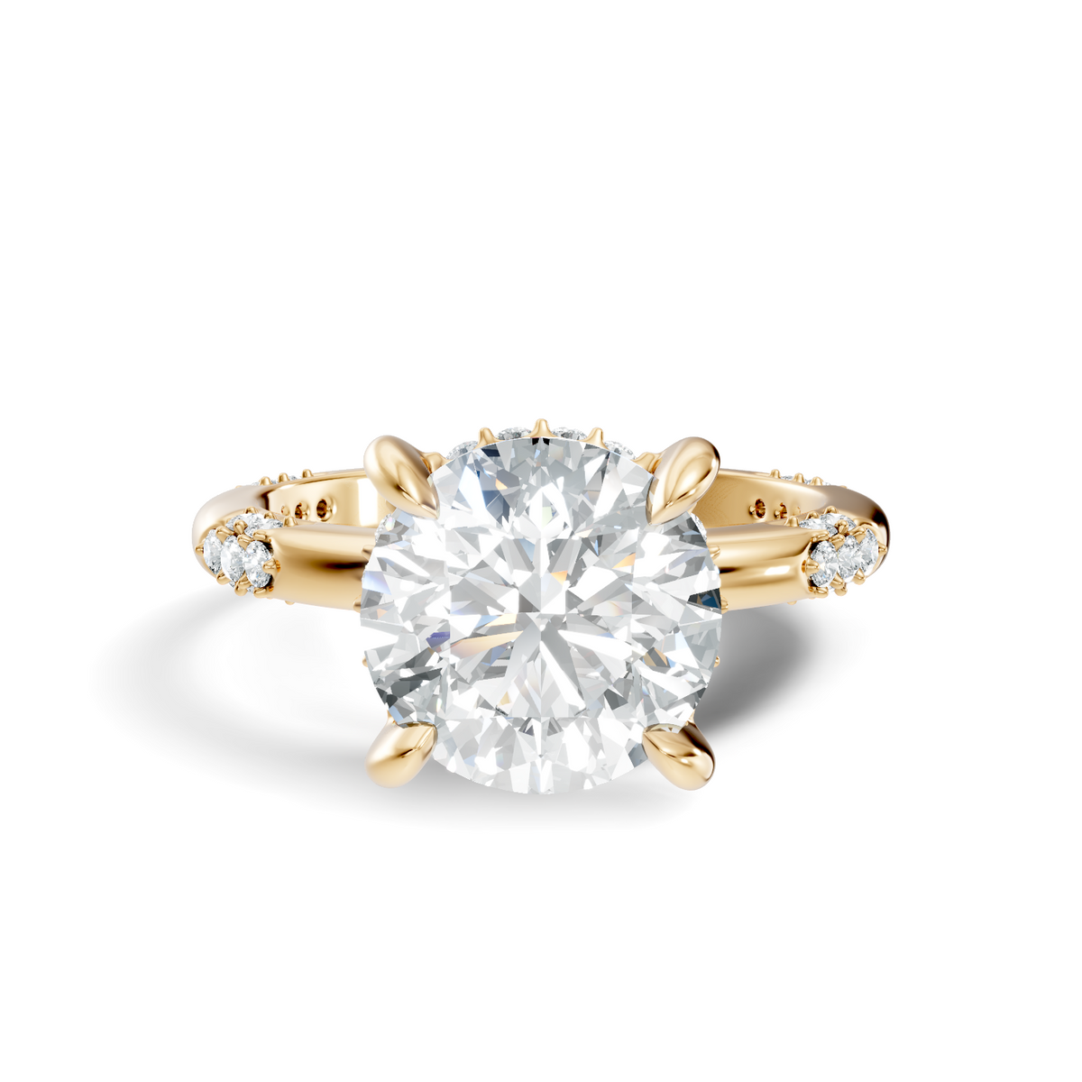 Front angle of a round cut main stone set in 14k gold with a claw-prong hidden halo base. Ideal as an engagement ring or anniversary gift, fully customizable in 10k/14k gold, 925 silver, or platinum with stone options from 1ct to 2ct in moissanite or lab grown diamond.
