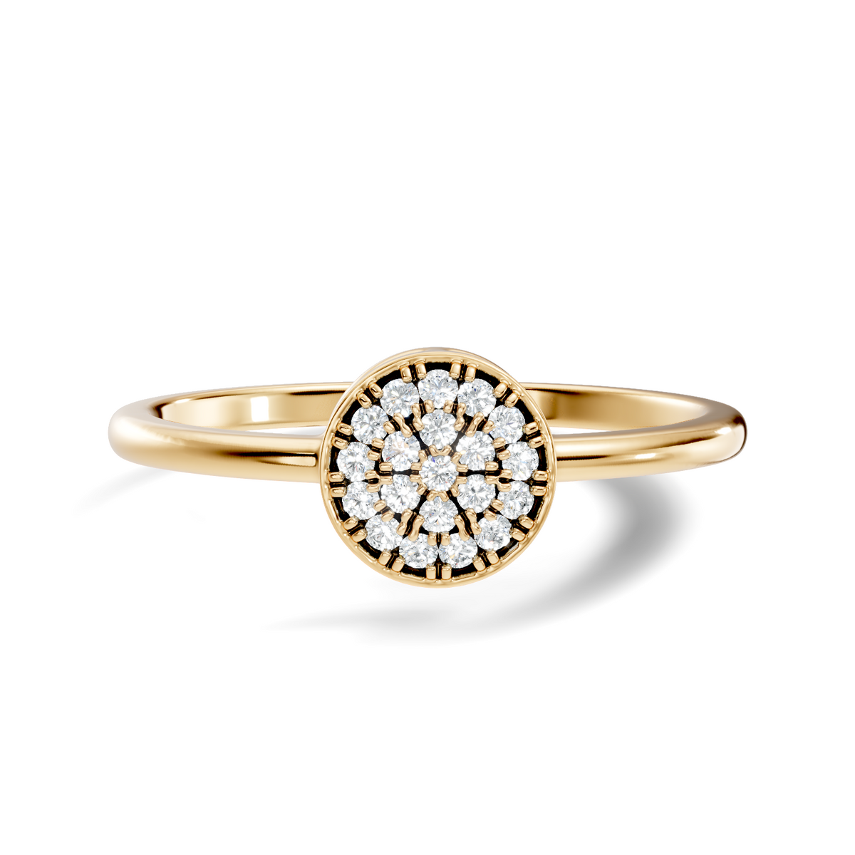 Front view of a round cluster lab grown diamond illusion ring in 14k yellow gold with a bezel disk setting. This dainty cluster ring is customizable in 10k/14k gold, 925 silver, or platinum with lab grown diamond or moissanite stones from 1ct to 2ct total weight equivalent.