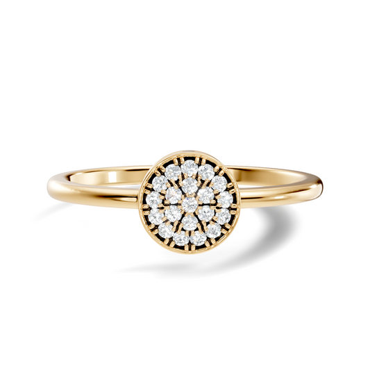Front view of a round cluster lab grown diamond illusion ring in 14k yellow gold with a bezel disk setting. This dainty cluster ring is customizable in 10k/14k gold, 925 silver, or platinum with lab grown diamond or moissanite stones from 1ct to 2ct total weight equivalent.