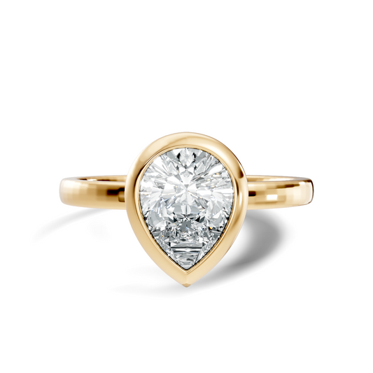 Front view of a pear cut lab grown diamond solitaire engagement ring featuring a smooth bezel setting in 14k yellow gold. This modern bezel ring is customizable in 10k/14k gold, 925 silver, or platinum with lab grown diamond or moissanite center stones from 1ct to 2ct.