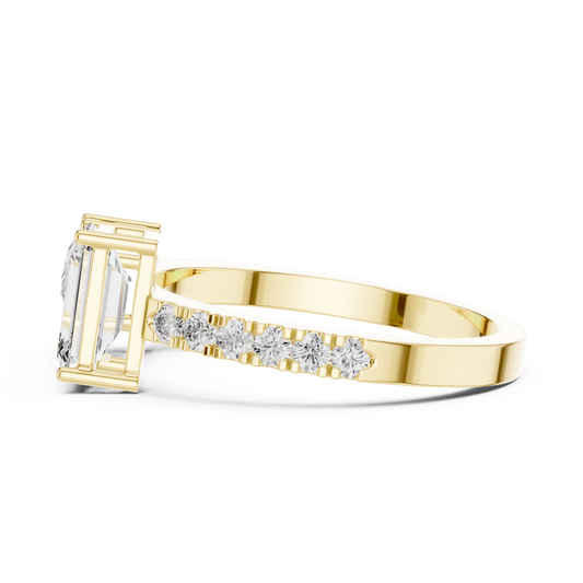 Side elevation shows 2.10mm band width, 1.70mm thickness, and low 4.67mm setting height with open wire gallery collets in 10k solid gold. Perfect custom bridal ring and promise band. Available in 10k/14k gold, silver, and platinum with 1ct to 2ct tw pear and emerald moissanite or lab grown diamond options.