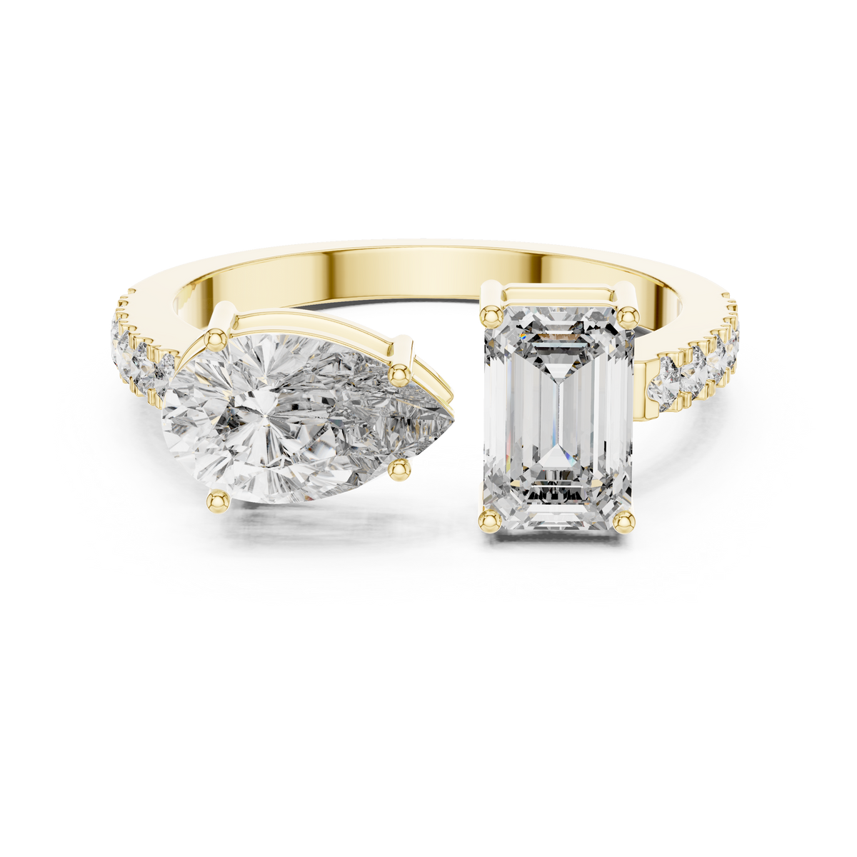 Front direct view of East-West pear and emerald cut lab grown diamond Toi et Moi ring secured by prongs on a 14k gold U-cut pave band. Ideal modern engagement ring and personalized gift. Made to order in 925 silver, 10k or 14k solid gold, platinum, with custom 1ct to 2ct tw pear and emerald lab diamond or moissanite center stones.