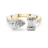 Front direct view of East-West pear and emerald cut lab grown diamond Toi et Moi ring secured by prongs on a 14k gold U-cut pave band. Ideal modern engagement ring and personalized gift. Made to order in 925 silver, 10k or 14k solid gold, platinum, with custom 1ct to 2ct tw pear and emerald lab diamond or moissanite center stones.