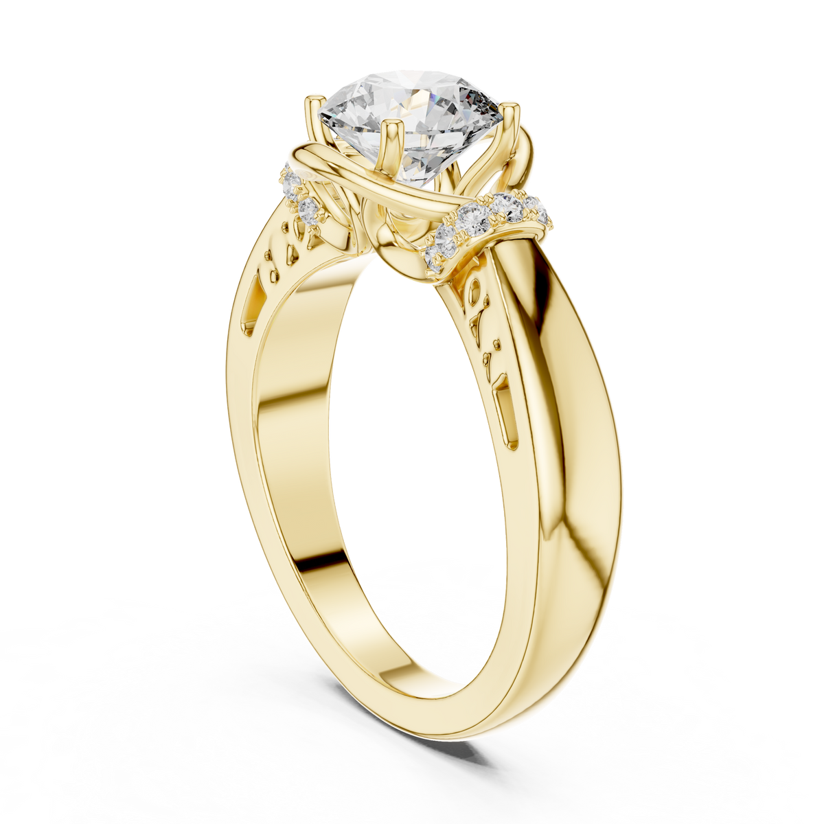 Detailed angled studio view showcasing the intricate under-gallery work beneath the central Round stone and the sparkling colorless D Color VVS1 Moissanite accents. The Prong setting is secure and elegant on the split Crossover Shank. Custom-order in 10k/14k/18k gold, silver, or platinum with 1ct-2ct stones.