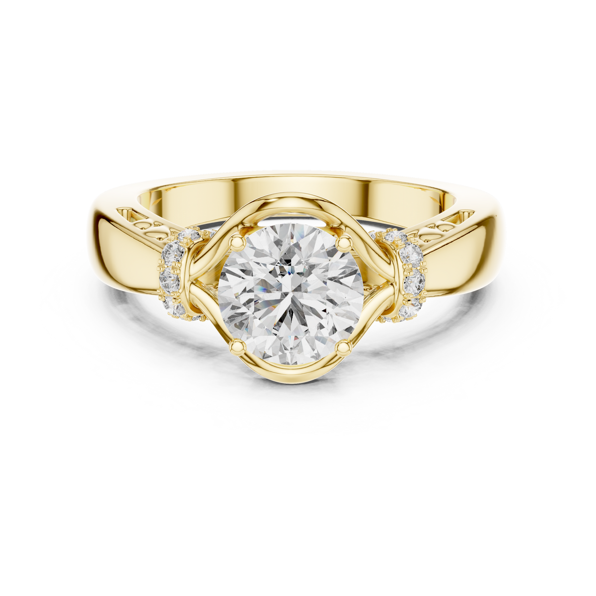 Top-down studio render of an intricate Round brilliant lab grown diamond Three-Stone engagement ring in solid 14K White Gold. This elegant cathedral ring showcases the central stone in a clean Prong setting with flowing Crossover Bypass shoulders, flanked by round side accents. Custom-order in 10k/14k/18k gold, silver, or platinum with 1ct-2ct stones.
