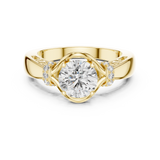 Top-down studio render of an intricate Round brilliant lab grown diamond Three-Stone engagement ring in solid 14K White Gold. This elegant cathedral ring showcases the central stone in a clean Prong setting with flowing Crossover Bypass shoulders, flanked by round side accents. Custom-order in 10k/14k/18k gold, silver, or platinum with 1ct-2ct stones.