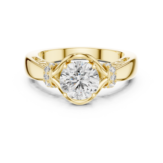 Top-down studio render of an intricate Round brilliant lab grown diamond Three-Stone engagement ring in solid 14K White Gold. This elegant cathedral ring showcases the central stone in a clean Prong setting with flowing Crossover Bypass shoulders, flanked by round side accents. Custom-order in 10k/14k/18k gold, silver, or platinum with 1ct-2ct stones.