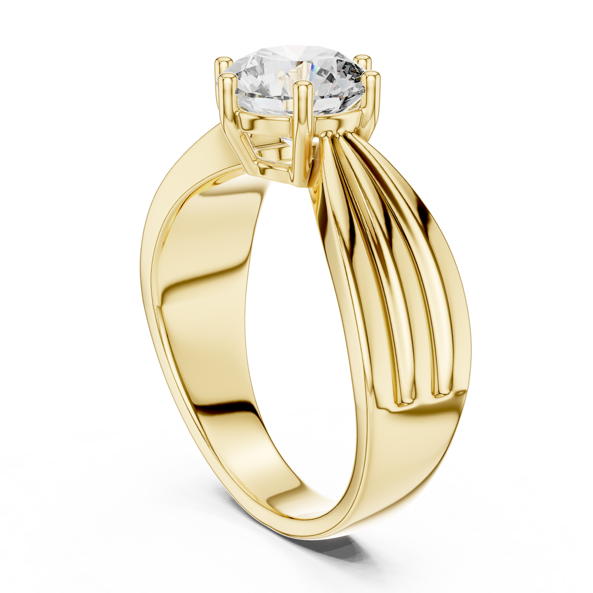 Perspective CAD view revealing D Color VVS1 round stone sparkle on sculpted textured yellow gold band. Perfect anniversary gift, bridal jewelry, unique ring. Custom options in 10k/14k gold, 925 silver, platinum with 1ct to 2ct moissanite or lab grown diamond.