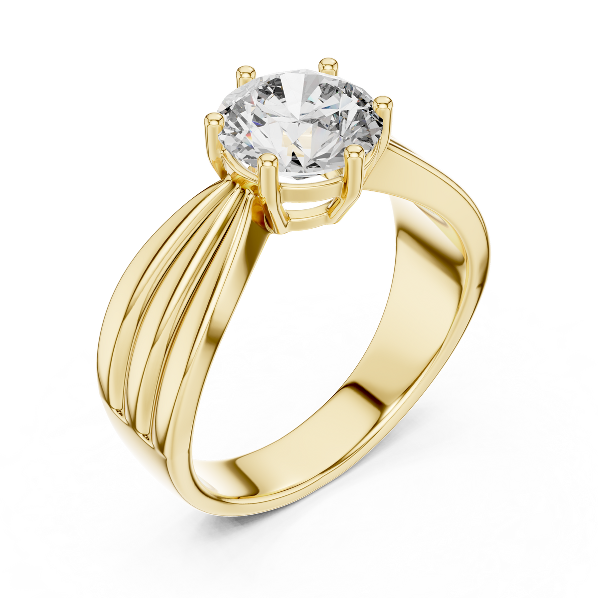 Close-up shot of F Color VS lab diamond circular facet symmetry and secure four-prong basket details. Trendy engagement ring, statement jewelry, holiday gift. Custom options in 10k/14k gold, 925 silver, platinum with 1ct to 2ct moissanite or lab grown diamond.