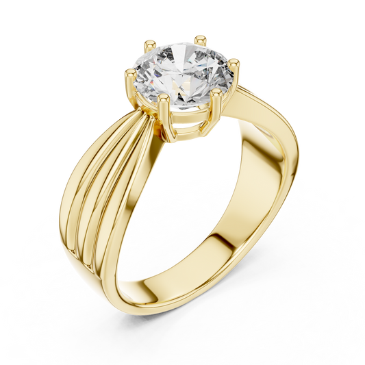 Close-up shot of F Color VS lab diamond circular facet symmetry and secure four-prong basket details. Trendy engagement ring, statement jewelry, holiday gift. Custom options in 10k/14k gold, 925 silver, platinum with 1ct to 2ct moissanite or lab grown diamond.