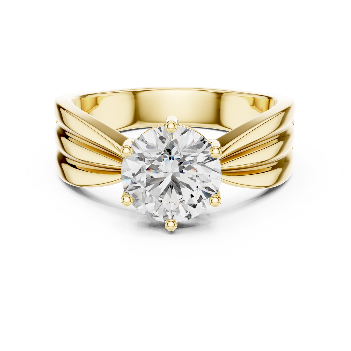 Top-down view of 7.00mm round brilliant center stone in prong setting with fluted ribbed shoulders. High-volume engagement ring, anniversary gift, wedding band. Custom options in 10k/14k gold, 925 silver, platinum with 1ct to 2ct moissanite or lab grown diamond.