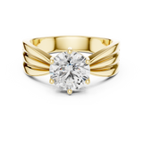 Top-down view of 7.00mm round brilliant center stone in prong setting with fluted ribbed shoulders. High-volume engagement ring, anniversary gift, wedding band. Custom options in 10k/14k gold, 925 silver, platinum with 1ct to 2ct moissanite or lab grown diamond.
