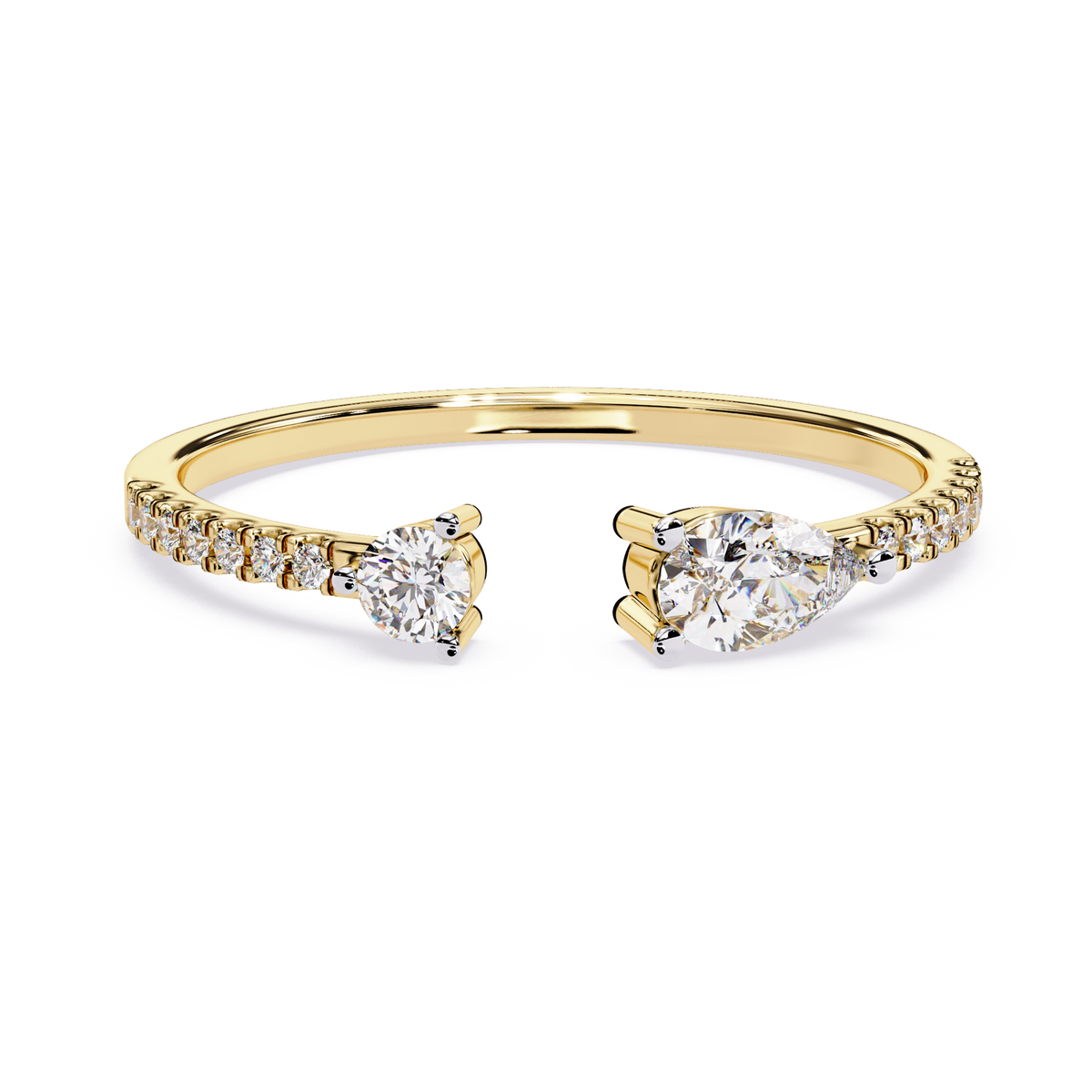 Angled studio render highlighting the brilliant sparkle and D color VVS1 clarity of two stone moissanite set in 925 sterling silver. An affordable engagement ring or travel band, customizable in 925 silver, 10k/14k gold, or platinum with 1.00ct to 2.00ct moissanite or lab diamond.