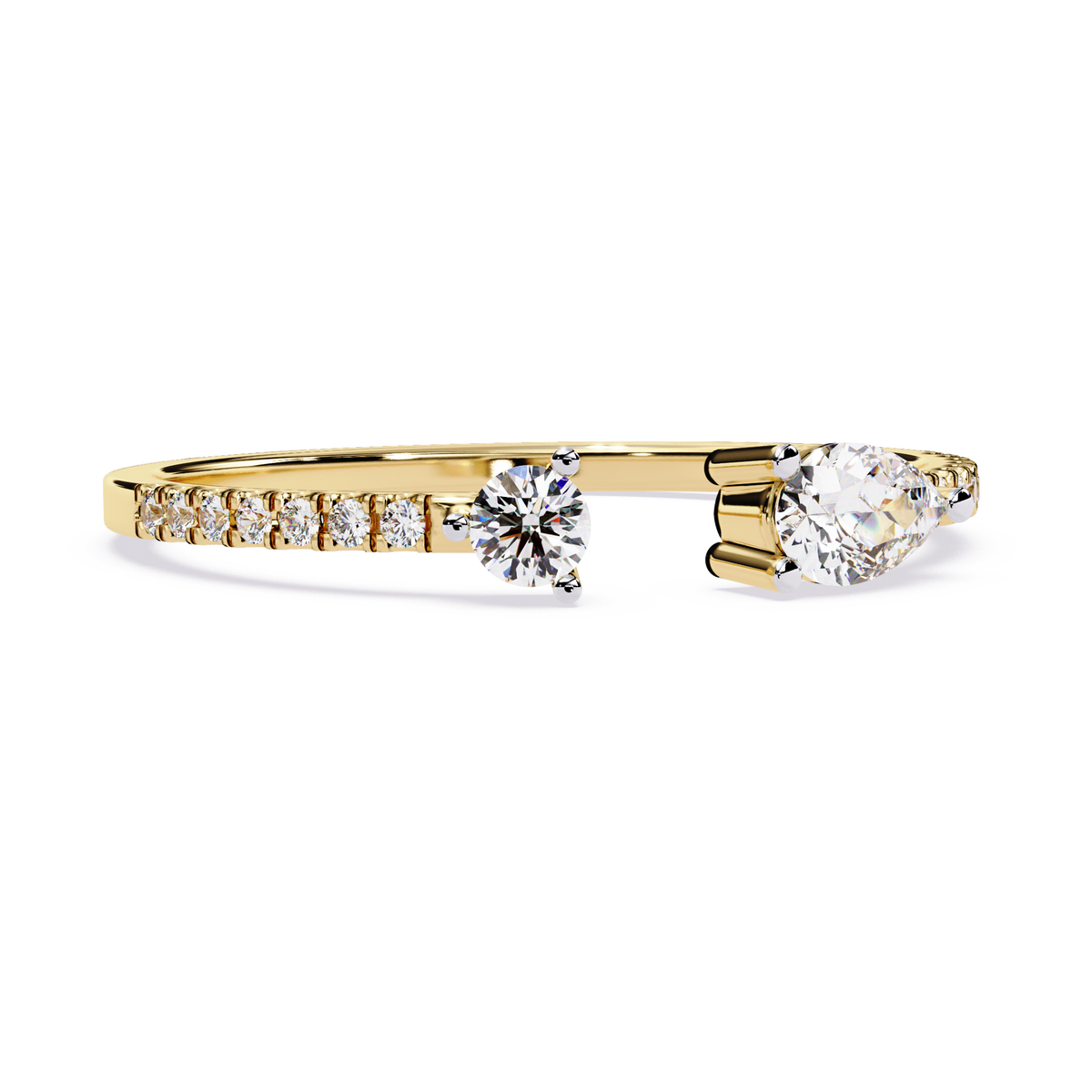 Front angle view of an open bypass toi et moi ring featuring pear and round lab grown diamonds in 14k white gold. This customizable engagement ring and anniversary gift option is available in 10k/14k gold, 925 silver, or platinum with lab grown diamond or moissanite stones from 1ct to 2ct.