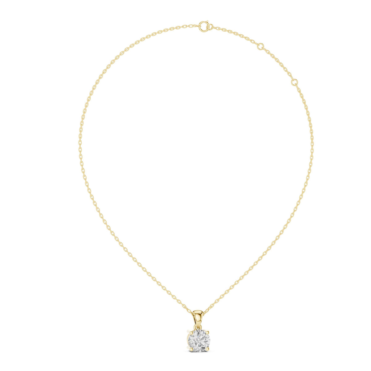 Front view of a brilliant 6.50mm round cut lab grown diamond pendant set in 14k gold, showcasing a classic prong setting and refined modern solitaire silhouette.