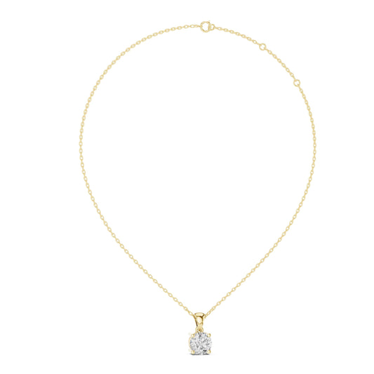 Front view of a brilliant 6.50mm round cut lab grown diamond pendant set in 14k gold, showcasing a classic prong setting and refined modern solitaire silhouette.