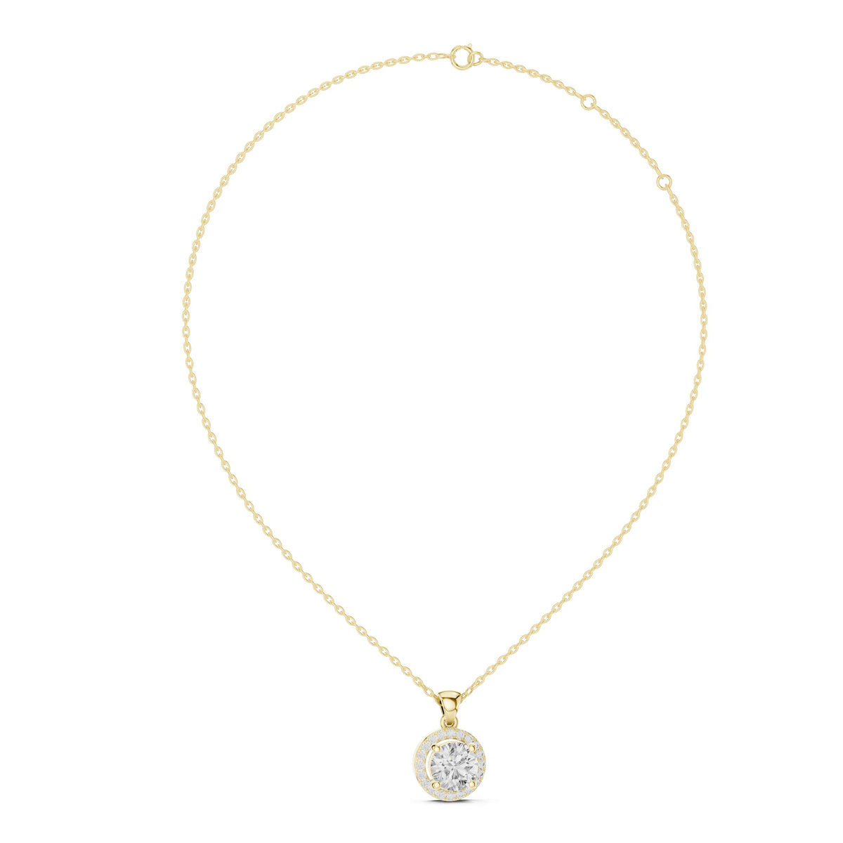 Front view of a 1.00Ct round lab grown diamond halo pendant set in 14k gold, showcasing a brilliant center stone and U-cut accent details.