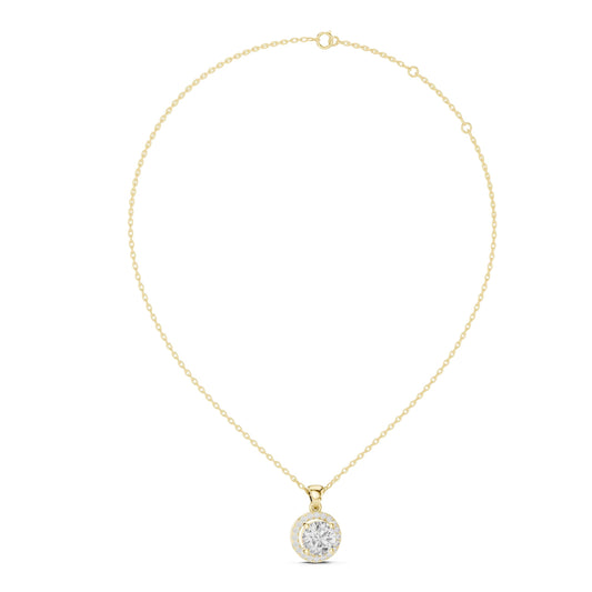 Front view of a 1.00Ct round lab grown diamond halo pendant set in 14k gold, showcasing a brilliant center stone and U-cut accent details.
